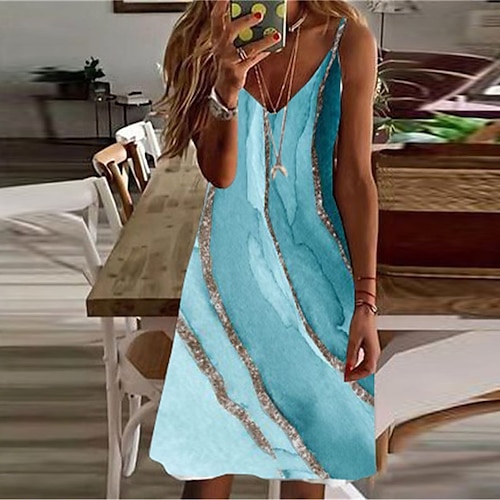 

Women's Casual Dress Shift Dress Slip Dress Mini Dress Blue Beige Gray Sleeveless Color Gradient Print Summer Spring Spaghetti Strap Vacation Vacation Summer Dress 2023 S M L XL XXL 3XL