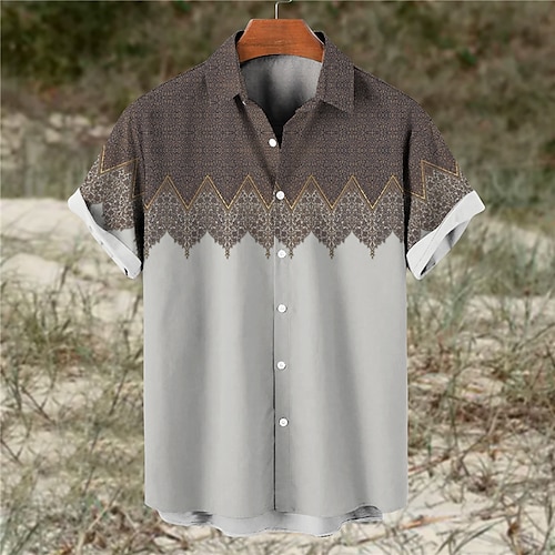 

Hombre Camisa Estampados Geometría Cuello Vuelto Negro Azul Piscina Marrón Gris Diario Festivos Mangas cortas Abotonar Estampado Ropa Tropical Moda Boho Design