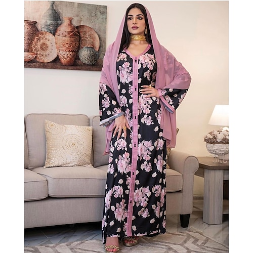 

Arabian Muslim Adults Women's Religious Saudi Arabic Dress Abaya For Polyester Floral Ramadan Dress