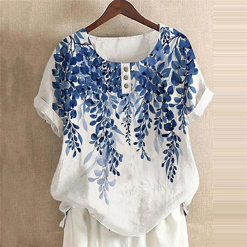 

Women's Shirt Blouse White Blue Floral Button Print Short Sleeve Casual Holiday Basic Round Neck Regular Floral S