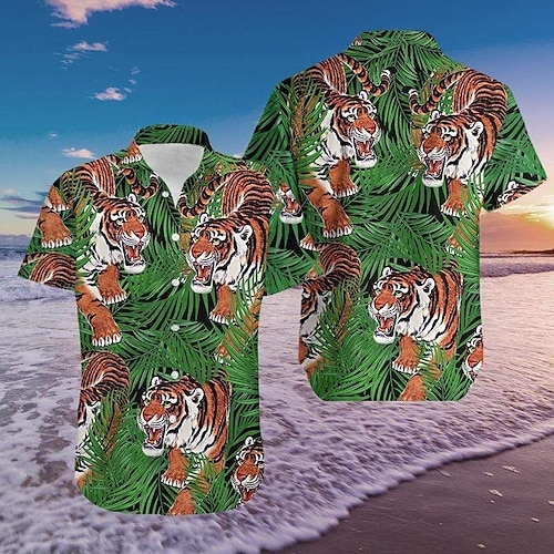 

Hombre Camisa camisa hawaiana Tigre Estampados Cuello Vuelto Verde Trébol Calle Casual Mangas cortas Abotonar Estampado Ropa Tropical Moda Hawaiano Design