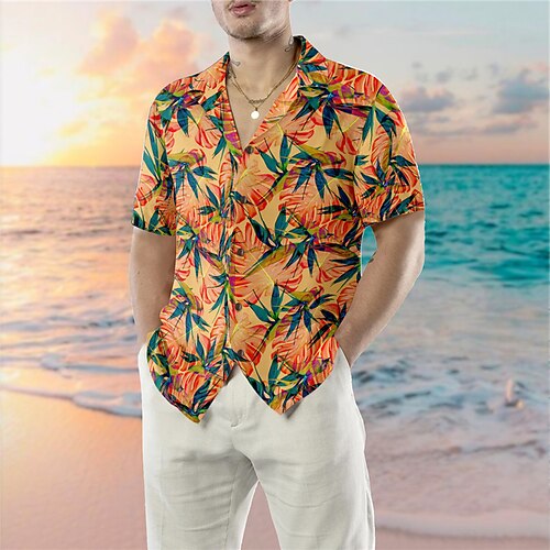 

Herre Skjorte Hawaii skjorte Grafiske tryk Blade Cubansk krave Gul Afslappet Ferie Kortærmet Knap ned Trykt mønster Tøj Tropisk Mode Gade Hawaiiansk