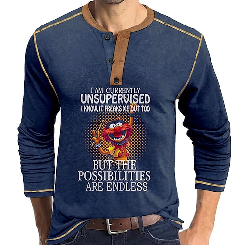

Herre Henley-skjorte T-Shirts Grafisk Tegneserie Tøj 3D-udskrivning Afslappet Langærmet Knap ned Mode Designer Jeg er i øjeblikket uden opsyn