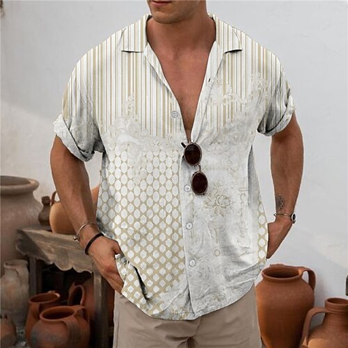 

Hombre Camisa A Rayas Estampados Geometría Cuello Vuelto Amarillo Azul Piscina Gris Calle Casual Mangas cortas Abotonar Estampado Ropa Tropical Moda Boho Design