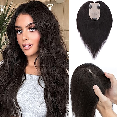

hair toppers for kvinner ekte menneskehår topper ingen smell #1b naturlig svart 8 tommers hårstykker for kvinner med tynne hårklips i topper oppgradert hodebunn 28g håravfallsdeksel 100% menneskehår