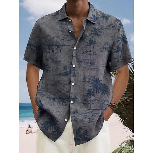 

Herren Hemd Hawaiihemd Sommerhemd Kokosnussbaum Grafik-Drucke Umlegekragen Grau Outdoor Strasse Kurze Ärmel Button-Down Bedruckt Bekleidung Sport Modisch Strassenmode Designer