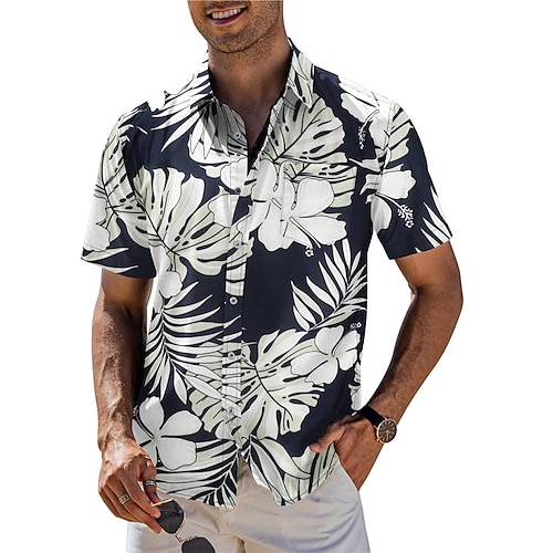 

Hombre Camisa camisa hawaiana Floral Estampados Cuello Vuelto Blanco Gris Exterior Calle Mangas cortas Abotonar Estampado Ropa Tropical Moda Hawaiano Design