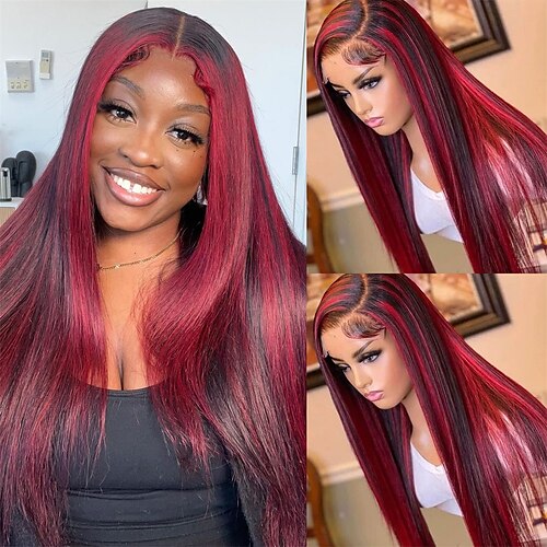 

Parrucche anteriori in pizzo bordeaux da 20 pollici capelli umani 13x4 parrucca diritta 1b99j capelli umani con capelli del bambino parrucche di capelli umani rossi densità 180% per donne nere vino