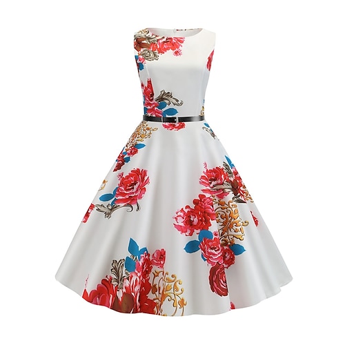 

Per donna Elegante Retrò Abito vintage Vestito longuette Feste Giornaliero Con cintura Stampa Floreale Girocollo Senza maniche Standard Estate Primavera 2023 Bianco Rosso S M L XL