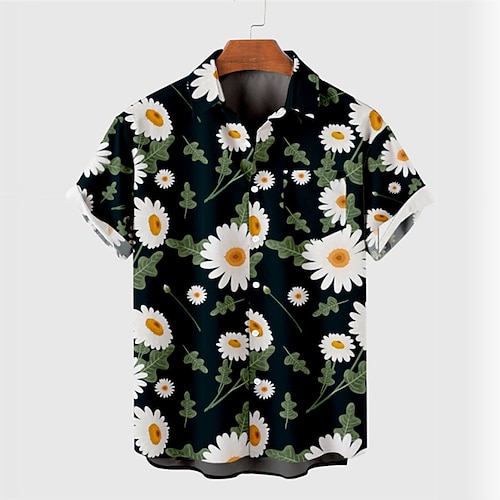 

Men's Shirt Summer Hawaiian Shirt Daisy Graphic Prints Turndown Black Outdoor Street Short Sleeves Button-Down Print Clothing Apparel Tropical Fashion Hawaiian Designer