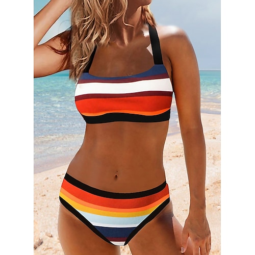 

Women's Swimwear Bikini Normal Swimsuit 2 Piece Strappy Sexy Color Block Striped Orange Padded Strap Bathing Suits Beach Wear Sexy