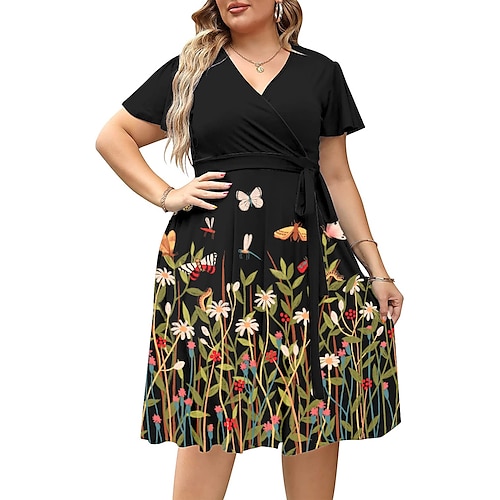 

Per donna Plus Size Abito casual Floreale Farfalla Vestito longuette Manica corta Stampa A V Romantico Appuntamento Nero Verde Primavera Estate L XL XXL 3XL 4XL