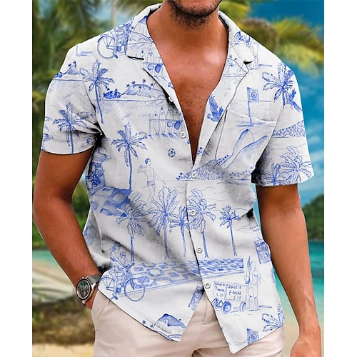 

Herren Hemd Hawaiihemd Sommerhemd Kokosnussbaum Grafik-Drucke Umlegekragen Blau Casual Festtage Kurzarm Button-Down Bedruckt Bekleidung Tropisch Modisch Hawaiianisch Weich