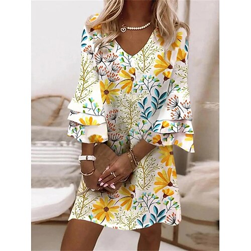 

Per donna Vestito casual Abito estivo Abito stampato A foglia Floreale Con balze Stampa A V Mini abito Di tendenza Moderno Esterno Giornaliero Manica a 3/4 Morbido Bianco Giallo Verde chiaro