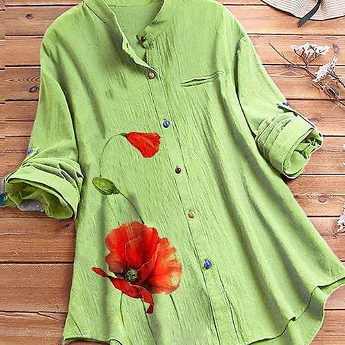 

Mujer Camisa Blusa Blanco Azul Piscina Verde Trébol Floral Botón Estampado Manga Larga Casual Básico Escote Redondo Largo Algodón Flor Talla Grande M