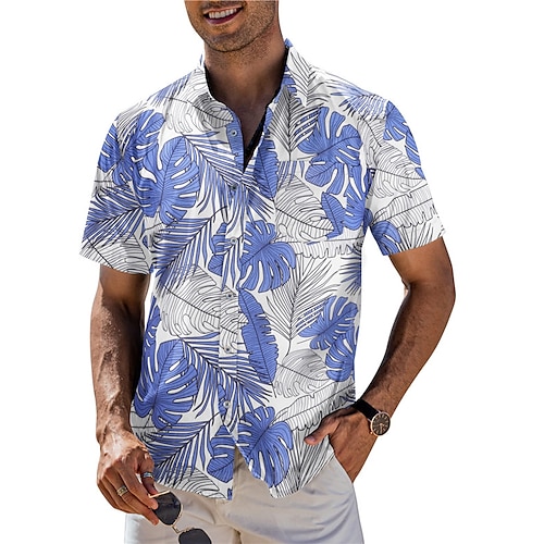 

Men's Shirt Summer Hawaiian Shirt Floral Graphic Prints Leaves Turndown Blue Outdoor Street Short Sleeves Button-Down Print Clothing Apparel Tropical Fashion Hawaiian Designer