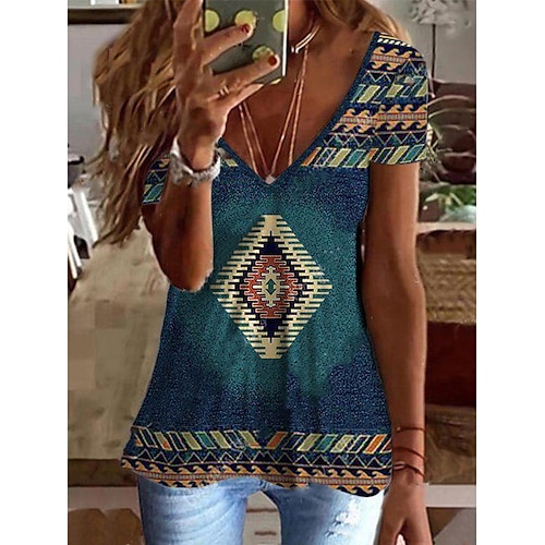 

Women's T shirt Tee Blue Geometric Print Short Sleeve Daily Weekend Ethnic V Neck Regular Geometric Painting S