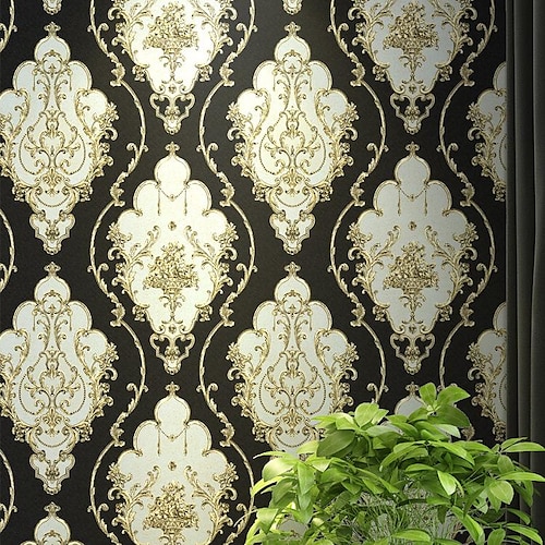 

1 rolo de papel de parede adamascado, textura em relevo preto/ouro/prata, papel de parede vitoriano, decoração de parede para hotéis em casa, 53x950cm/20,87''x374''