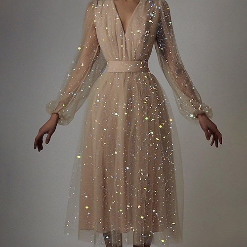 

festkjole for kvinner svingkjole midikjole rosa kortermet ren farge paljetter mesh vår høst v-hals hot elegant romantisk fest 2023 s m l xl