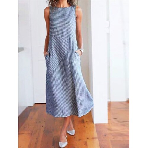 

Dame Uformell kjole Skiftkjole Tankkjole Stripe Lomme Trykt mønster Crew-hals Midikjole Aktiv Mote utendørs Daglig Ermeløs Løstsittende Svart Grønn Kakifarget Vår Sommer S M L XL XXL