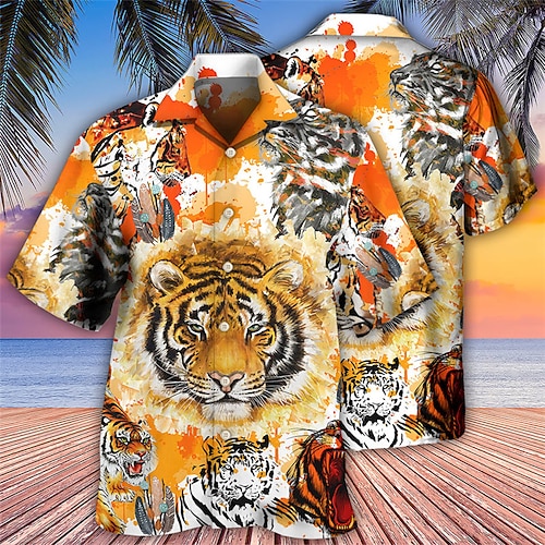 

Men's Shirt Summer Hawaiian Shirt Tiger Graphic Prints Turndown Yellow Casual Holiday Short Sleeve Button-Down Print Clothing Apparel Tropical Fashion Hawaiian Soft