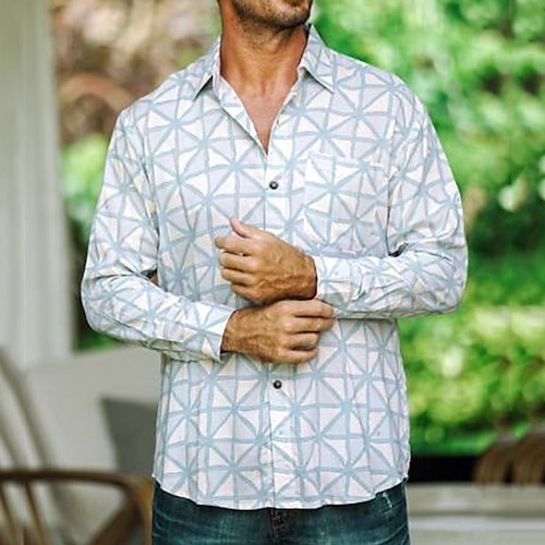 

Hombre Camisa Estampados Geometría Cuello Vuelto Azul Piscina Exterior Calle Manga Larga Abotonar Estampado Ropa Deportes Moda Ropa de calle Design