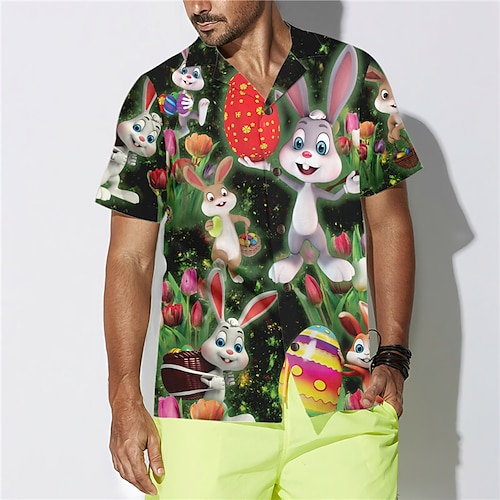 

Herren Hemd Hawaiihemd Sommerhemd Hase Grafik-Drucke Ostern Umlegekragen Schwarz Casual Festtage Kurzarm Button-Down Bedruckt Bekleidung Tropisch Modisch Hawaiianisch Weich