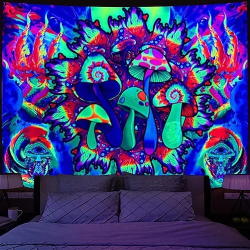 

trippy champignons lumière noire tapisserie uv réactif psychédélique coloré dortoir salon art décoration tenture murale tissu