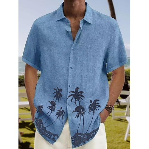 

Men's Shirt Summer Hawaiian Shirt Coconut Tree Graphic Prints Turndown Yellow Red Navy Blue Blue Purple Street Casual Short Sleeves Button-Down Print Clothing Apparel Linen Tropical Fashion