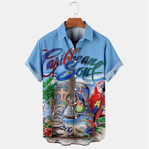 

Men's Shirt Summer Hawaiian Shirt Graphic Prints Parrot Turndown Blue Street Casual Short Sleeves Button-Down Print Clothing Apparel Tropical Fashion Streetwear Hawaiian