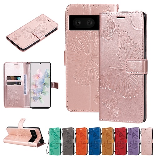 

teléfono Funda Para Google Tarjetas billetera Píxel 7/7Pro / 6/6Pro con correa de muñeca Ranuras para tarjetas Flip magnético Mariposa Color sólido TPU Cuero de PU