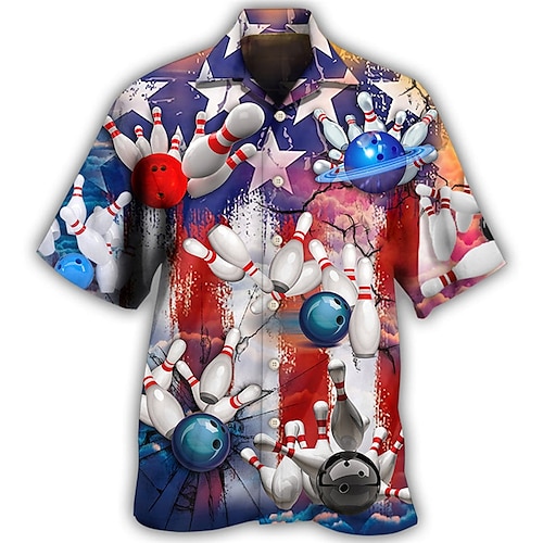 

Homens Camisa Social Camisa havaiana Estampas Abstratas Bola de boliche Bandeiras Aberto para a Lateral Azul Casual Feriado Manga Curta Botão para baixo Imprimir Roupa Tropical Moda Roupa de rua