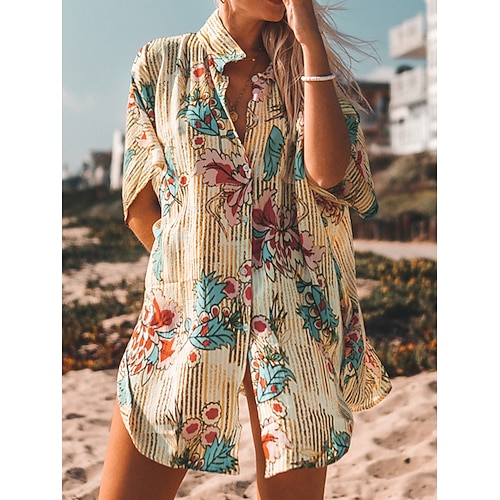 

Per donna Abito chemisier Abito da spiaggia Abbigliamento da spiaggia Mini abito Stampa Informale Floreale Collo ripiegabile Manica corta Morbido Esterno Giornaliero Blu 2023 Primavera Estate Taglia