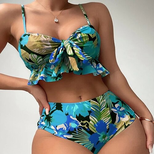 

Women's Swimwear Bikini Normal Swimsuit 2 Piece Printing Floral Blue Bandeau Bathing Suits Sports Summer