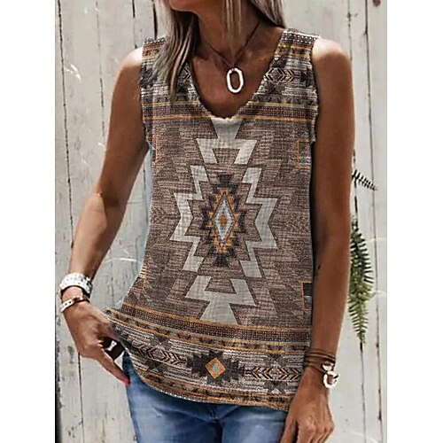 

Damen Tank Top Khaki Geometrisch Bedruckt Ärmellos Casual Ethnisch Rundhalsausschnitt Standard Geometrisch S