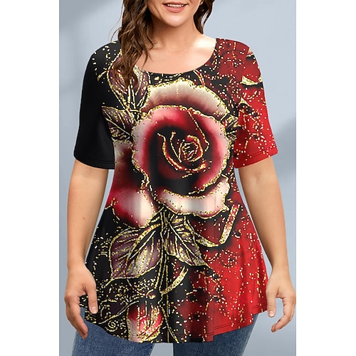 

T shirt Tee Femme Vin Rouge Floral Imprimer Manche Courte Vacances Fin de semaine basique Col Rond Longue Standard Fleur Peinture Grande Taille L