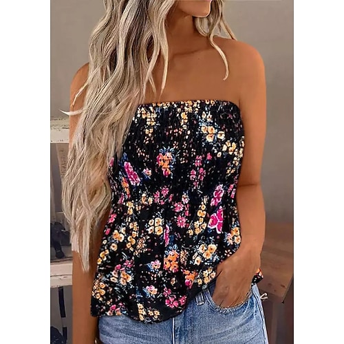 

Mujer Parte superior del tubo Negro Floral Estampado Sin Mangas Casual Ropa de calle Sin Tirantes Regular Flor S