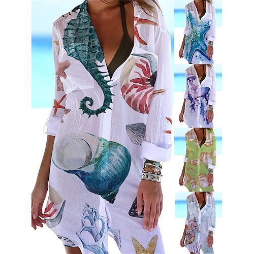 

Women's Shirt Dress Cover Up Beach Wear Mini Dress Pocket Print Fashion Casual Fish Turndown 3/4 Length Sleeve Loose Fit Outdoor Daily White Blue 2023 Summer Spring S M L XL