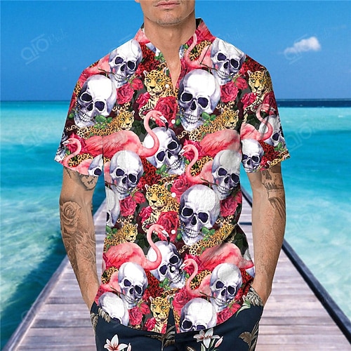 

Men's Shirt Summer Hawaiian Shirt Leopard Floral Skull Flamingo Graphic Prints Turndown Pink Casual Holiday Short Sleeve Button-Down Print Clothing Apparel Tropical Fashion Hawaiian Soft