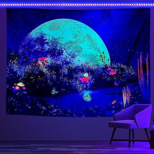 

Blacklight Tapestry UV Reactive Trippy Misty Moon Butterfly Nature Landscape Wall Hanging for Living Room