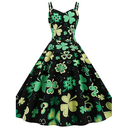 

Dame Elegant Retro Rød Vintage kjole Midikjole utendørs Ferie Åpen rygg Trykt mønster kløver Spagettistropper Ermeløs Normal Sommer Vår 2023 Grønn S M L XL