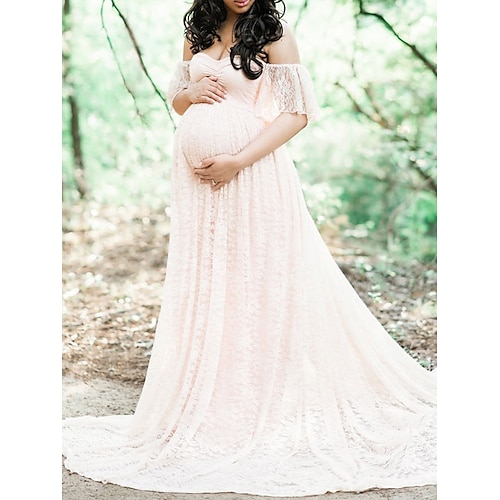 

Dame Mammakjole Festkjole Fotoshoot kjole Helfarge Lang kjole Maxikjole Kortermet Blonde Åpen rygg Løse skuldre Mote Fest Hvit Gul Rosa Vår Sommer S M L XL XXL