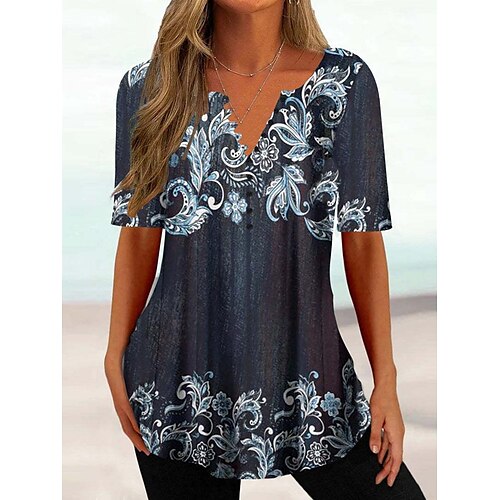 

Mulheres Camiseta Preto Branco Vermelho Floral Botão Imprimir Manga Curta Feriado Final de semana Básico Decote Redondo Longo Tema Flores Pintura S