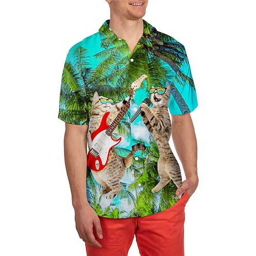 

Homme Chemise Chemise hawaïenne Chat Imprimés Photos Palmier Guitare Col rabattu Bleu Vert Plein Air Casual Manches courtes Bouton bas Imprimer Vêtement Tenue Tropique Sportif Vêtement de rue Design