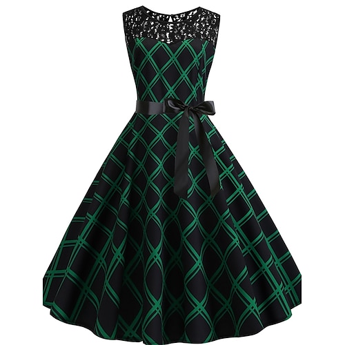 

Per donna Elegante Vacanze Vestito svasato Vestito longuette Esterno Giornaliero Pizzo Collage A quadri Girocollo Senza maniche Standard Primavera Estate 2023 Verde S M L XL