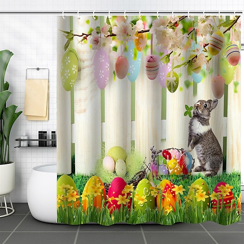 Cute Rabbit Shower Curtain Set With 12 Hooks Modern Fabric Waterproof  Shower Curtain Animal Shower Curtain Bathroom Curtain 