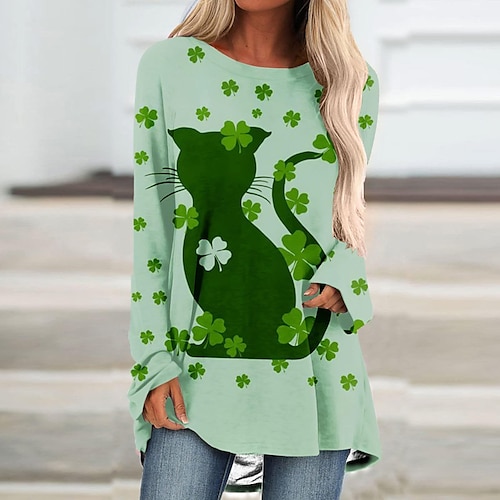 

T shirt Tee Femme Vert herbe Noir Vert Claire Feuille Imprimer manche longue Vacances Fin de semaine basique Fête de la Saint-Patrick Col Rond Longue Standard Fleur Peinture S