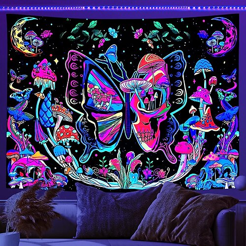 

Schwarzlicht-Tapisserie UV-reaktiver Trippy-Schmetterlings-Pilz-Pflanzen-Wandbehang für Wohnzimmer