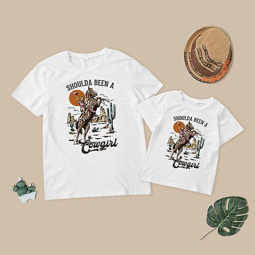 

Mor og mig T-shirt Bogstaver Kaktus Sol Afslappet Crewneck Hvid Kortærmet Daglig Matchende outfits