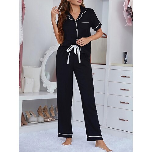 

Dame Loungewear Sæt Ren farve Enkel Afslappet Blødt Hjem Daglig Ferierejse Bomuld Åndbart Knaphul Kortærmet Skjorte Bukse Elastisk Talje Efterår Forår Sort
